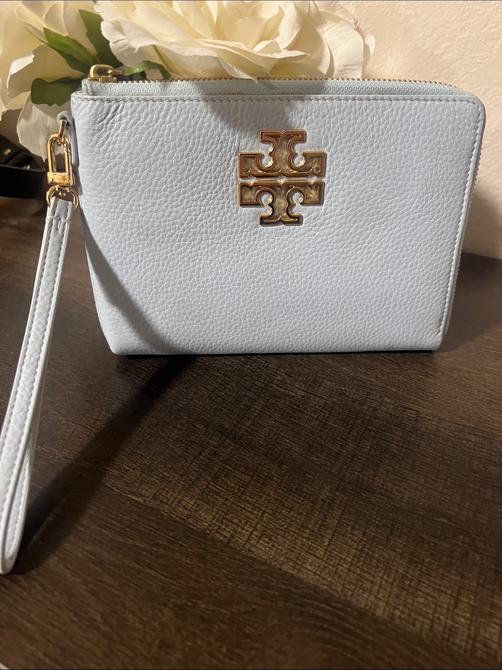 Tory Burch Pale Blue Pebbled Leather Wristlet with Gold Logo